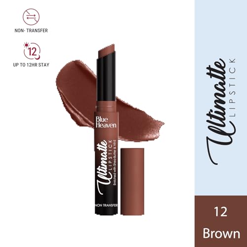 Image of Blue Heaven Ultimatte NonTransfer lipstick for women|Enriched with Shea Butter & Vitamin E| Matte Finish, Smudge Proof & Waterproof Long Lasting Lipstick Upto 12Hrs| 2.2g | 12 Brown (Pack of 2)