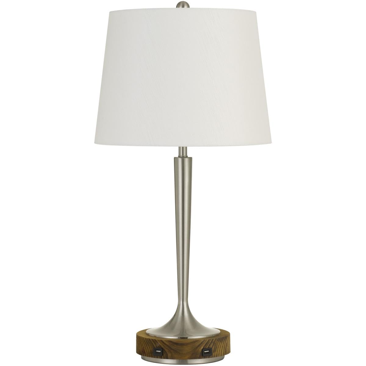 cal lighting bo-2778tb 150w 3 way chester metal table lamp accent base and 2 usb charging ports, brushed steel and wood, 28.50x15.00x15.00