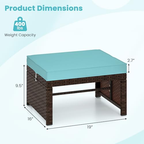 RELAX4LIFE Wicker Outdoor Ottoman Set of 2 - Rattan Footstools Foot Rest w/Removable Cushions, Multipurpose Side Table & Additional Seating, Outdoor Ottomans for Patio Garden Porch (Brown-Turquoise)