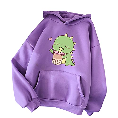 Pianshanzi Sudadera para mujer con dibujos animados, estampado de monstruos y aleta dorsal decorativa de manga larga con capucha Y2k Outwear adolescente niña Kawaii dinino suéter, B púrpura, XL