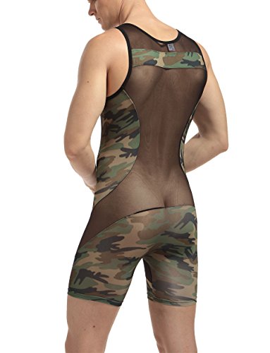 Herren Sheer Camouflage Sportbody Transparenz Camo Ringer Body Style Sport-Tights Unterwäsche Hose-Body Neu (XS-S/M)