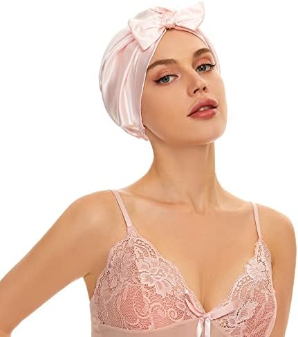 ennva 22 Momme 100% Silk Sleep Cap 2-Layered Night Hair Bonnet - Sleeping Cap for Curly Hair -Head Wrap for Maximum Moisture Pink