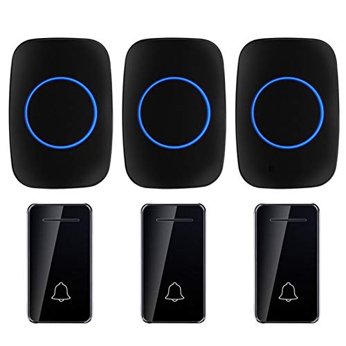 HAOXIANG Self-Powered Wireless Doorbell, IP44 Waterproof Cordless Door Chime Kit 656 Ft Operating Range with 36 Chimes, 4-Level Volume(3 Button & 3 Receivers),Black