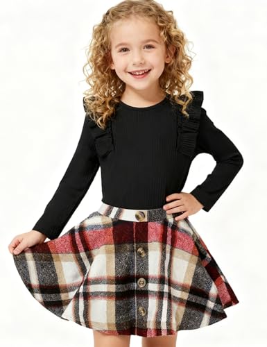 Image of AGQT Toddler Girls Fall Winter Clothes Long Sleeve Ribbed T-Shirt Knit Tops Plaid Button Mini A-line Skirts Set Outfits