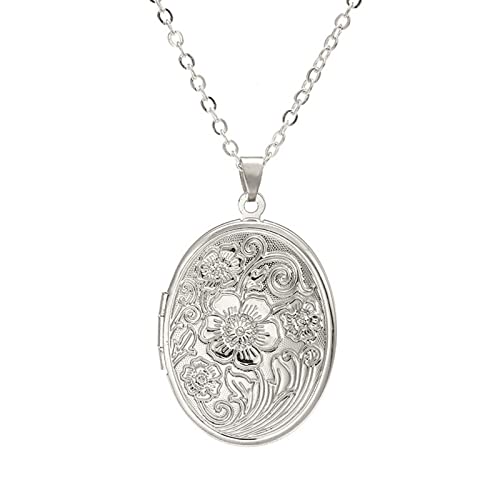 Vintage Engraved Flower Empaistic Photo Locket Hold Picture Oval Round Pendant Necklace Antique...