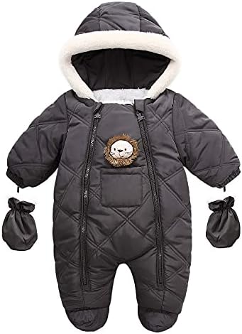 Tengoait Newborn Baby Girl' Winter Snowsuit Thick Cotton Hooded Jumpsuit One Piece Warm Footie Romper Outwear with Gloves Black for 9-12 Months (M2)