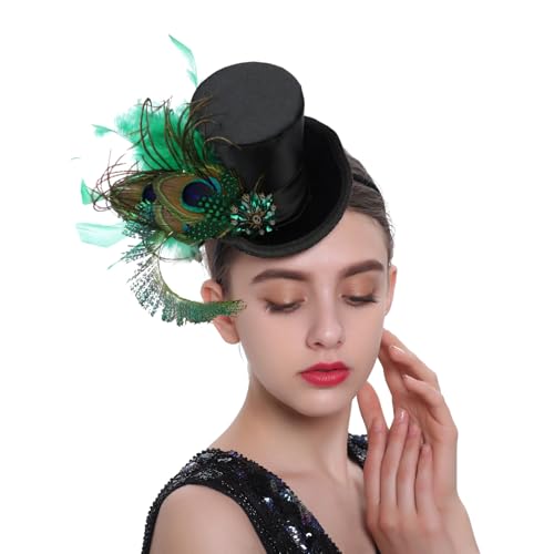 Poememgi Women Mini Top Hat with Rhinestone Peacock Feather Tea Party Show Derby Headwear for Women Ladies