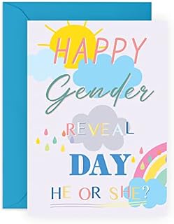 Gender Reveal Card - 'Happy Gender Reveal Day' - Celebration Card for New Parents - Gender Announcement Card for New Mum & Dad - Comes with Fun Stickers - Recyclable - Central 23
