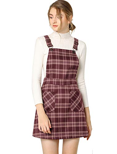 Allegra K Damen Kariert Elastisch Strap Verstellbar Träger Seitentaschen Arbeit Check Latzkleid Kleid Rot M