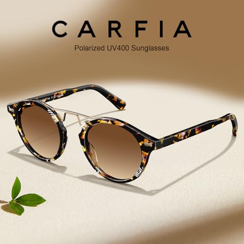Image of CARFIA Double Bridge Small Acetate Sunglasses for Women Polarized, Retro Metal Brow Ladies Sunnies Fashion Round Eyewears