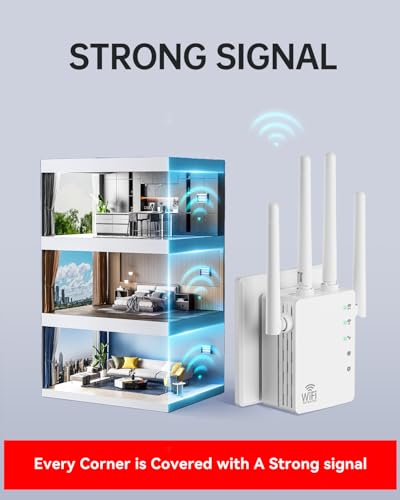 Image of WiFi Signal Booster with 4 Directional Antennas - 1200Mbps Dual Band (5GHz /2.4GHz),WiFi Extender Covers 13,888 Sq.ft, Easy Home Setup and 150-Device Support
