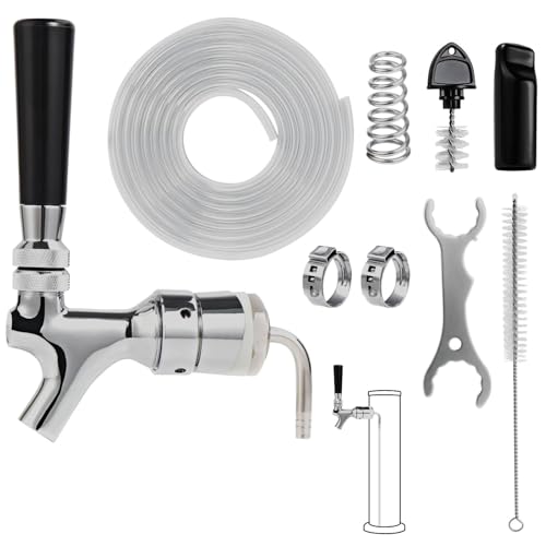 5FT PVC Beer Line & Stainless Beer Tower Faucet Beer Shank Kit, Self-Closing Beer Faucet Kegerator Tower Faucet Replacement Parts with 3/16'' ID Kegerator Line Beer Tap Cleaning Brush Cover Wrench Kit