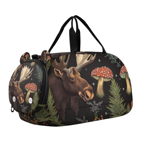 Glaphy Forest Moose Mushroom Trees Duffle Bag for Toddler Boys Girls, Gym Sports Bag with Shoe Compartments, Kids Travel Overnight Weekender Shoulder Bag