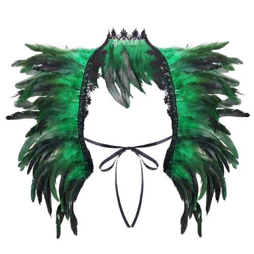2026 Châle plumes naturelles en dentelle pour femme Convient pour carnaval, bal masqué, cosplay, Vert, Taille unique