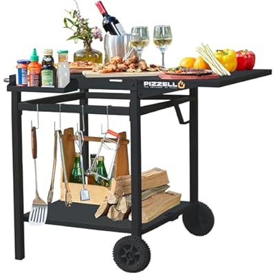 PIZZELLO Outdoor Grill Cart Movable Pizza Oven Table Stand Double-Shelf Trolley Dining Cart Foldable Tabletop Food Prep Worktable with 2 Wheels, 4 Hooks