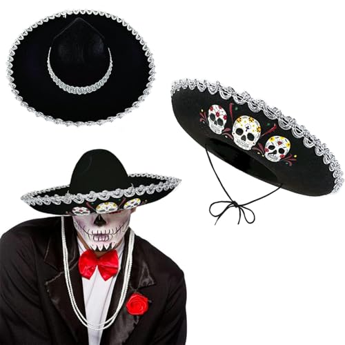 Kids Mexico Roll Brims DiaDe Muertos Hat for Sun Protections and Comfort Great for Beach Vacation and Theme Parties Black, Black, 13x39cm, Black, 13x39cm3