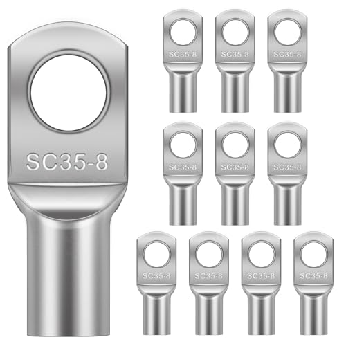 Flintronic 10 Pièces Cosses Tubulaires 35mm² M8, Cosses Annulaires, Cosse à Sertir a Oeil à Anneau, Cosse Electrique Plate, Œillet en Cuivre Étamé pour Voiture