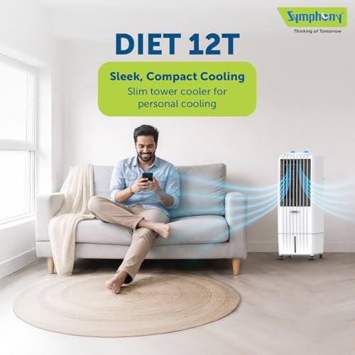 Symphony Diet 12T Tower Air Cooler | Honeycomb Cooling Pad | Powerful Blower | Auto Louver Movement | Cool Flow Dispenser | 12L | 1-Year Warranty view 2