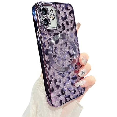 Coque iPhone 12 violette MagSafe paillettes motif guépard pour fille 6.1
