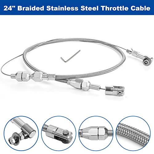 Spurtar 24" Universal Throttle Cable Stainless Steel Braided Covering Locking Throttle Cable Kit With Aluminum Fitting & Ferrule, Adjustable Throttle Cable Automotive Replacement Accelerator Cables #TOP5