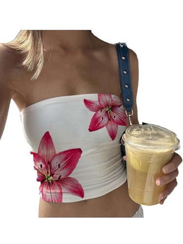 Achlibe Women Y2k Tube Top Summer Elasticated Bandeau Strapless Floral Print Tank Cami Tops Cute Crop Vest Tops (G-Red, S)