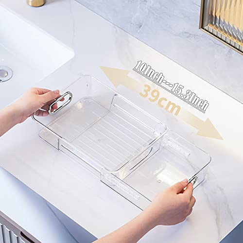 Mrpapa Bathroom Tray, Countertop Organizer Rectangle Tray - Extensible Clear Plastic Vanity Tray,15” *7.5“ Cosmetic Holder Decorative Tray Dresser Tray For Bathroom,Kitchen,Office #TOP3