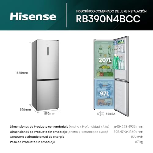 Miniatura 2 de Hisense Rb390n4bcc - Frigorífico Combi,No Frost, Inverter, Eficiente Clase C, Capacidad 304 L, 186 Cm Al, Cajón Verduras, 4 Estrellas Congelador, Puerta Reversible, Silencioso 39db, Color Blanco, Inox