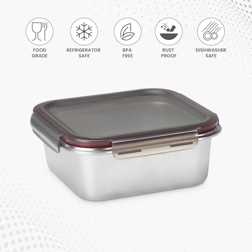 Image of MILTON New Modulo Steel Square 2500 Container with lock lid|Airtight & Leakproof|Microwave & Oven safe| Light Weight | School, Office or Picnic use, 2400 ml, Silver