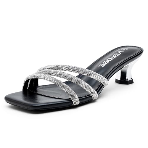 VEPOSE Vepose Women's Rhinestone Kitten Heel Sandals, Square Open Toe Mules 6100