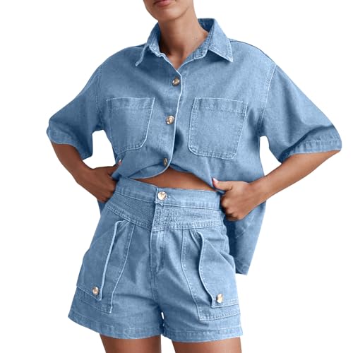 NSICBMNO Blue Two Piece Outfit Women Y2 Denim Co Ord Sets Short Sleeve Shirt High Waist Jean Shorts Summer Lounge Sets Denim Button Up Shirt Hot Pants Travel Outfit Airport Set For Work Streetwear