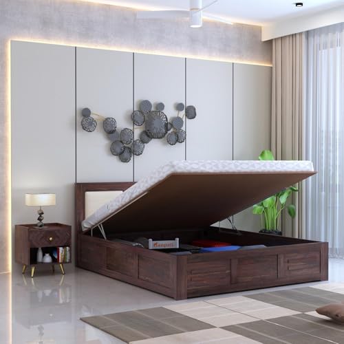 Image of Ganpati Arts Solid Sheesham Wood Swiss Queen Size Bed with Hydraulic Storage and Headboard | Wooden Double Bed Cot Palang Furniture for Bedroom, Living Room, Hotels, and Home (Walnut Finish)