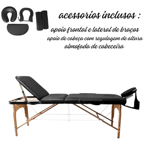 Maca Dobrável Madeira 250kg Estética Massagem Portátil Cor Preto - Gold - Modelo 3 Seções 1,80x60cm