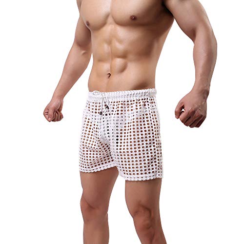 Mens Hollow Openwork Drawstring Lounge Underwear Boxer Shorts Loose Bikini Trunks Multi Color (Xx-Large, White) #TOP1