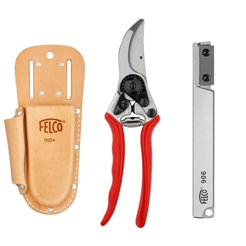 Set mit Gartenschere FELCO 11, praktischem Lederetui F 910+ und kompaktem Schleifgerät F 906, ideale Werkzeuge für präzises Schneiden