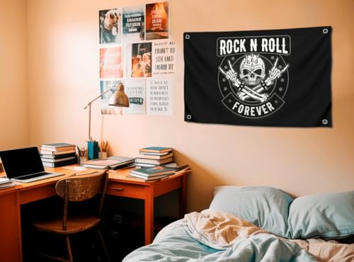 Bandeira preta musical de 9,5 x 1,5 m Rock N Roll Forever com quatro argolas de latão - Banners de c