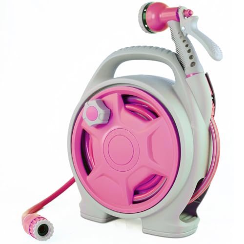 Portable Hose Reel 50FT Garden Hose Reel for Outside Lightweight Hose Reel with 6 Patterns Spray Nozzle Suitable for US Standard Hose ConnectionPINK