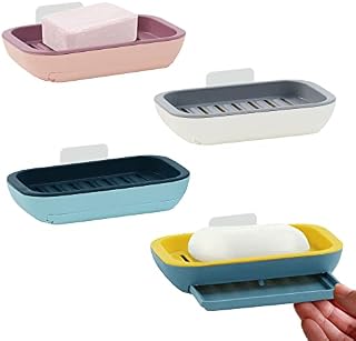 yeulluey 4Pcs Soap Dishes with Drainage, Adhesive Plastic Soap Dish Holder Wall Mounted Bar Soap Box Saver for Shower Bathroom Kitchen Keep Soap Dry