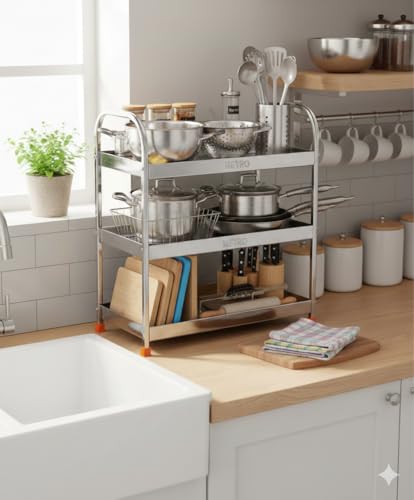 Image of appeasy Stainless Steel 3 Tier Kitchen Storage Rack | Countertop Organizer Shelf for Utensils, Spice Jars, Bottles & Crockery