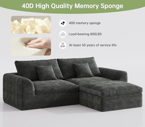 Image of 91″ Boneless Couch 3-Seater Modular Sectional Sofa with Ottoman for Living Room, L-Shape Cloud Couch with Comfy Flannel Fabric, Oversized Loveseat Recliner Lounge Chaise with 2 Throw Pillows (Grey)