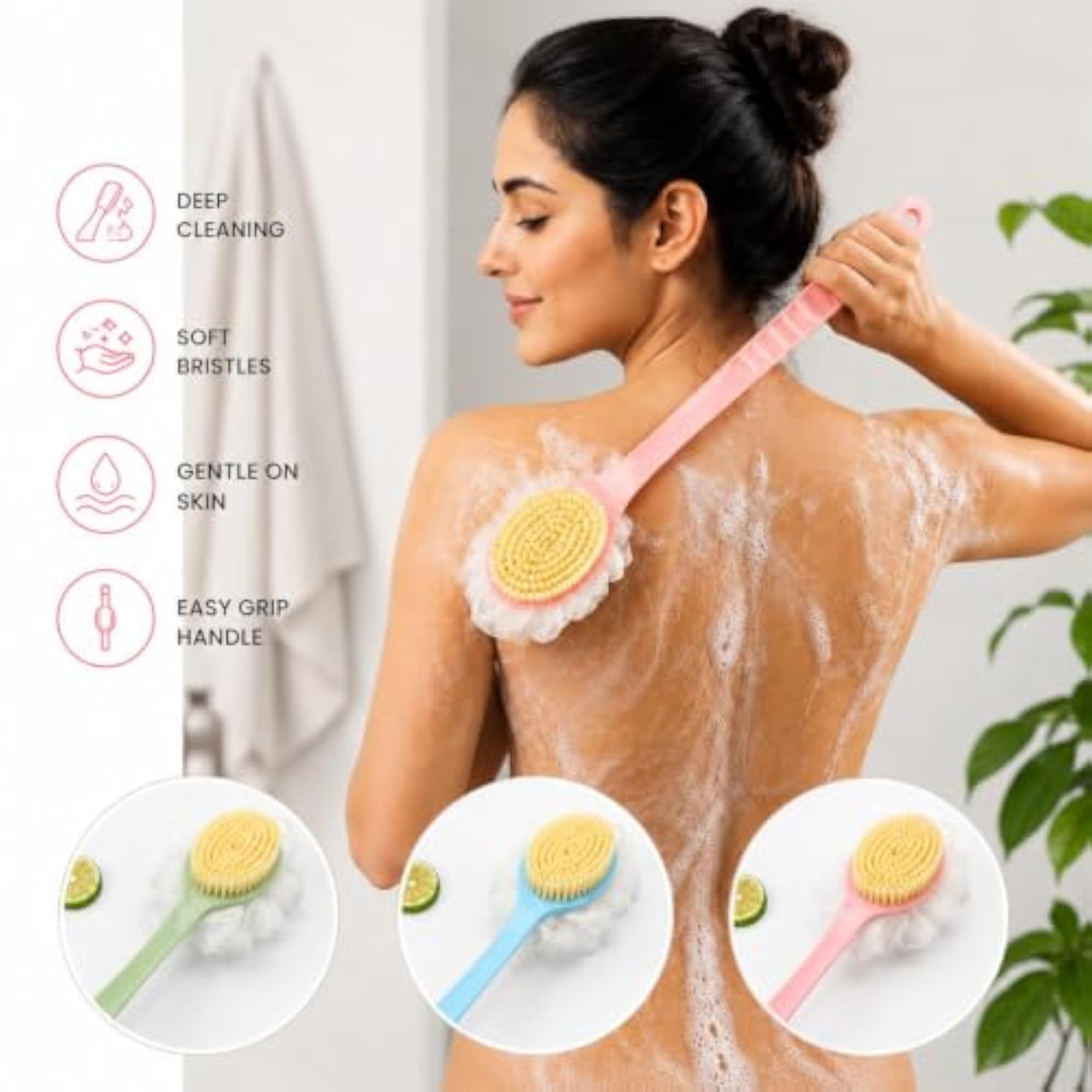 2 in 1 Loofah Back Body Bath Brush with Long Handle