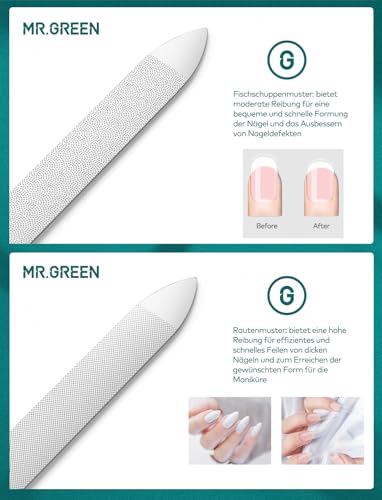 MR.GREEN Nagelfeile, Professionelle Doppelseitige Nagelpfeile, Solingen Edelstahl Nagelfeilen mit Rutschfestem Griff Reinigungsspitze und Lederetui, Premium Nail File für Damen& Herren
