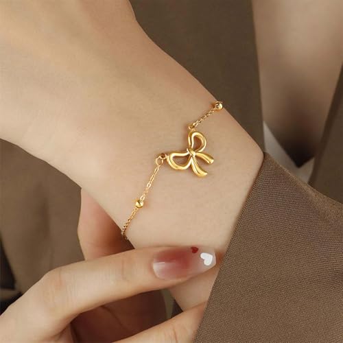 2Pcs Gold Bow Bracelet for Women Cute Bowknot Bracelet Dainty Bow Beaded Chain Bracelets for Women Fashion Jewelry Birthday Gifts (B) by EDWTG - Used condition - Image 2