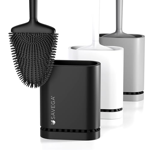 SAVEGA - Silikon Klobürste mit flachem und biegsamem Kopf - Toilettenbürste aus Silikon mit schnell trocknendem Halter - Moderne WC Bürste für die Wandmontage ohne Bohren (schwarz, matt) - 1er Set