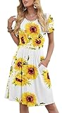 DouBCQ Women's Casual Short Sleeve Flowy Pleated Loose Dresses with Pockets (0-Sunflower White, XL)