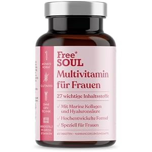 Multivitamine & Mineralien für Frauen mit Meereskollagen & Hyaluronsäure – 27 essentielle Vitamine, Mineralien & Pflanzenextrakte – Glutenfrei & Ohne synthetische Füllstoffe – 60 Tabletten – Free Soul
