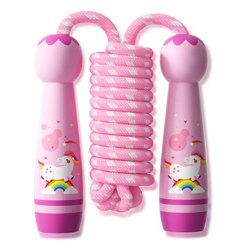 GrueGard Corde à Sauter Enfant – Corde réglable pour filles et garçons, corde en coton avec poignées en bois, idéale dès 6/8/10 ans, jeu Jump Rope...