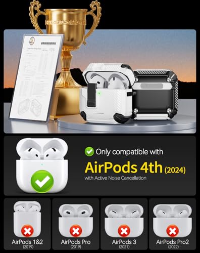 Image of Pohgelan Compatible with AirPods 4 Case Carbon Fiber Texture(White) | Magnetic Automatic Lock with Phone Stand & Cleaning Kit,Compatible with Magsafe