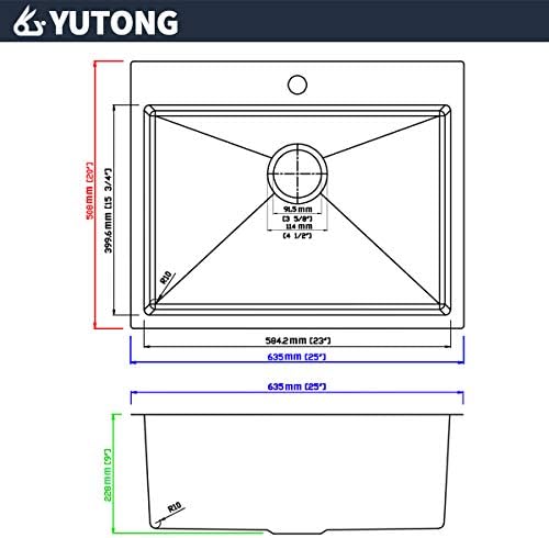 Yutong 25" x 20" Top-Mount/Drop in SS304 Stainless Steel Kitchen Sink Single Bowl with Black Grid & Black Strainer - 2