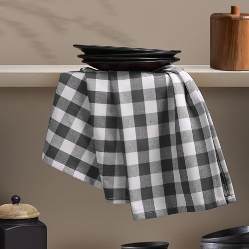 Image of Gingham Check Kitchen Towels, 4 Pack, 16x26 Inches, 100% Cotton - Soft, Highly Absorbent, Quick Drying, Dish Towels for Drying Dishes, Glasswares, Cleaning, Wiping Hands, Grey White