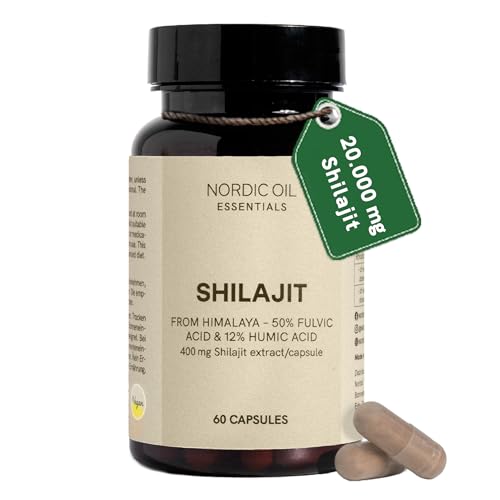 Shilajit original himalaya | 20.000 mg hochdosierter Himalaya Shilajit mit 50 % Fulvinsäure & 12 % Huminsäure | 60 vegane Kapseln mit je 400 mg 50:1 | Für Geist & Hormone | Nordic Oil